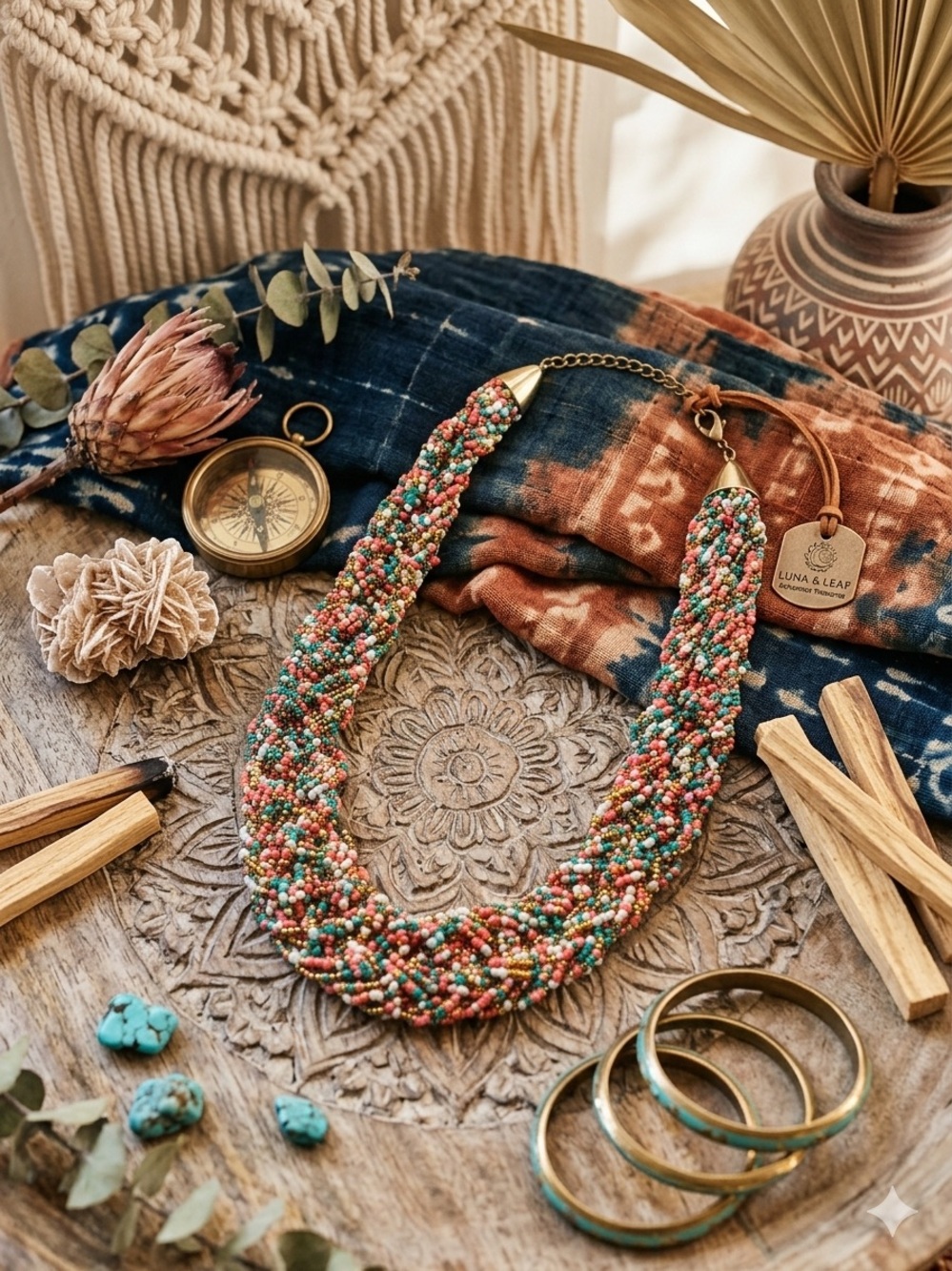 Luna & Leap Multicolor Beaded Braided Necklace - Coral, Turquoise & Gold Accents